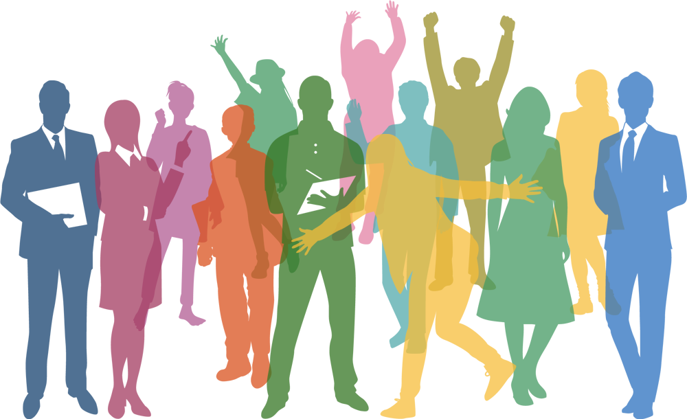 カラフルな個性の色合いを持った優秀なスタッフのシルエット